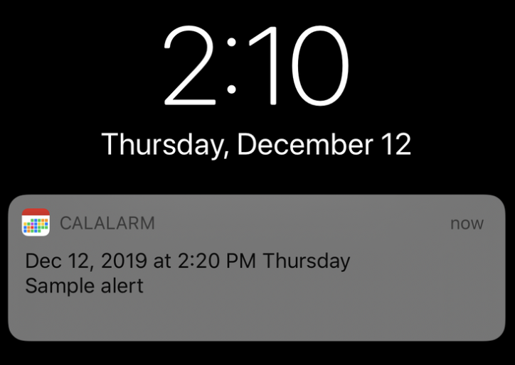 Calalarm persistent google calendar alerts - image of sample alert that reads "sample alert"