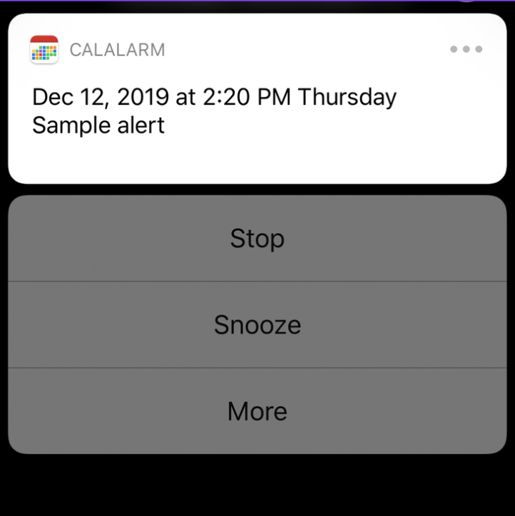 Calalarm persistent google calendar alerts - image of sample alert that shows stop, snooze, and more functionality