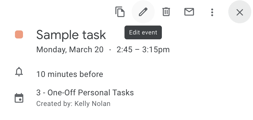 Google Calendar sample task in edit mode