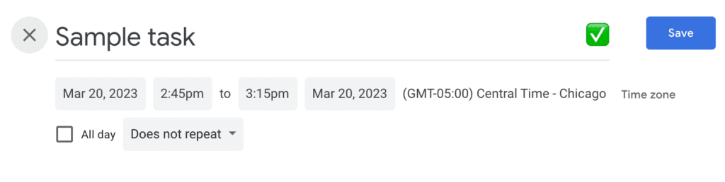 Google Calendar sample task in edit mode showing green checkmark emoji