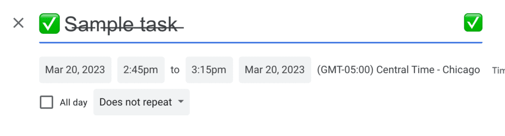 Google Calendar sample task in edit mode showing green checkmark emoji when checked off