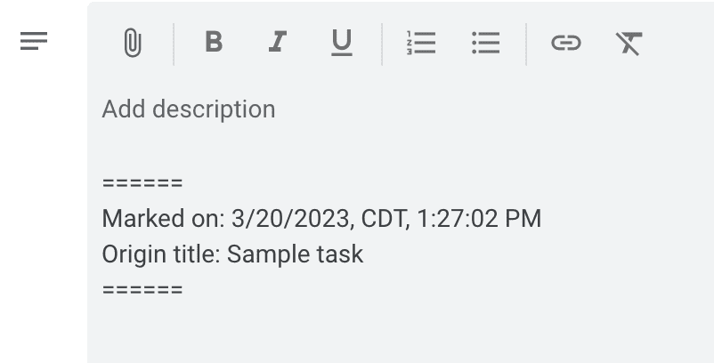 Google Calendar sample task description in edit mode showing what happens when green checkmark emoji is checked off